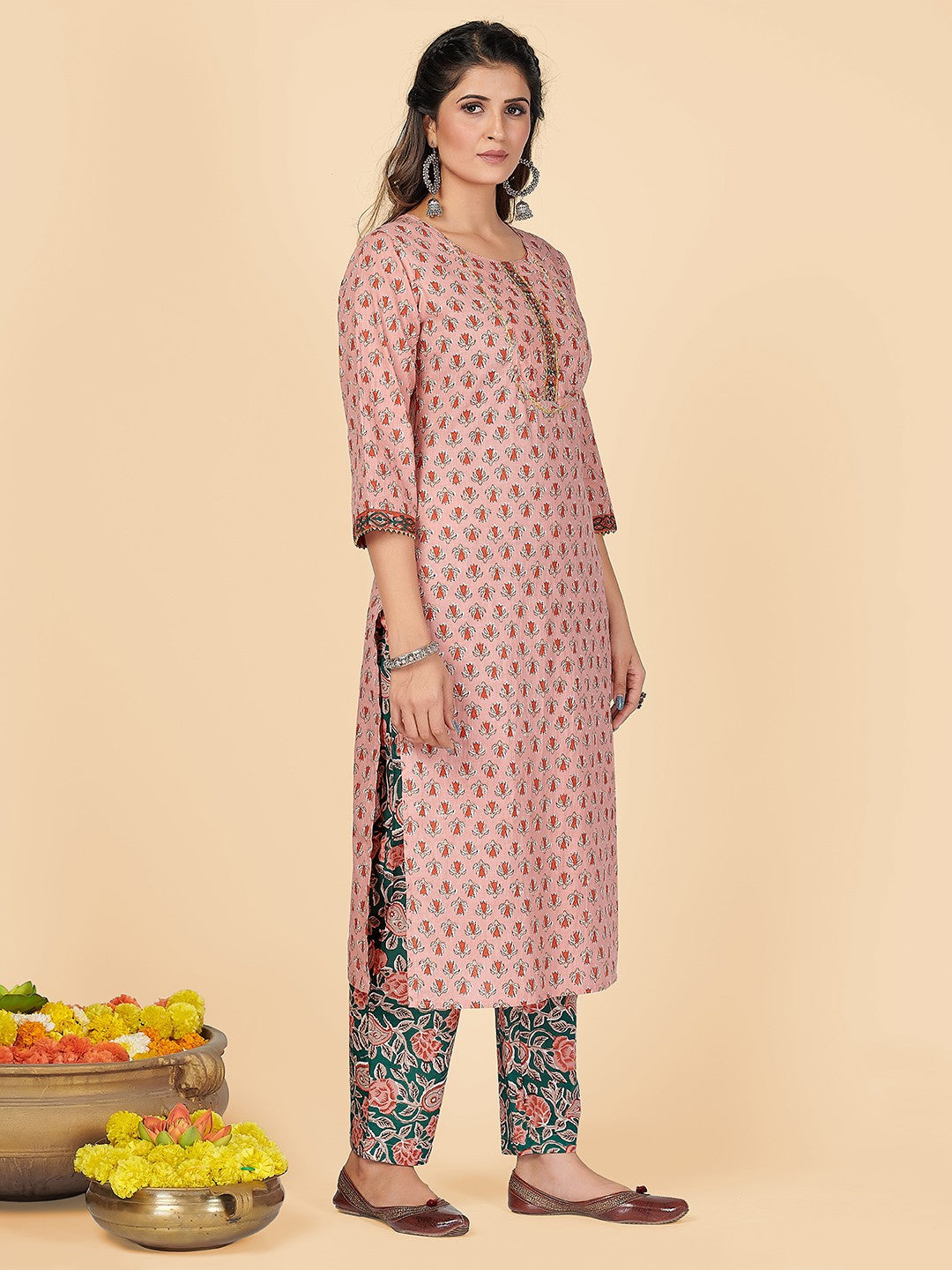 Peach Embroidered Straight Cotton Kurta Set