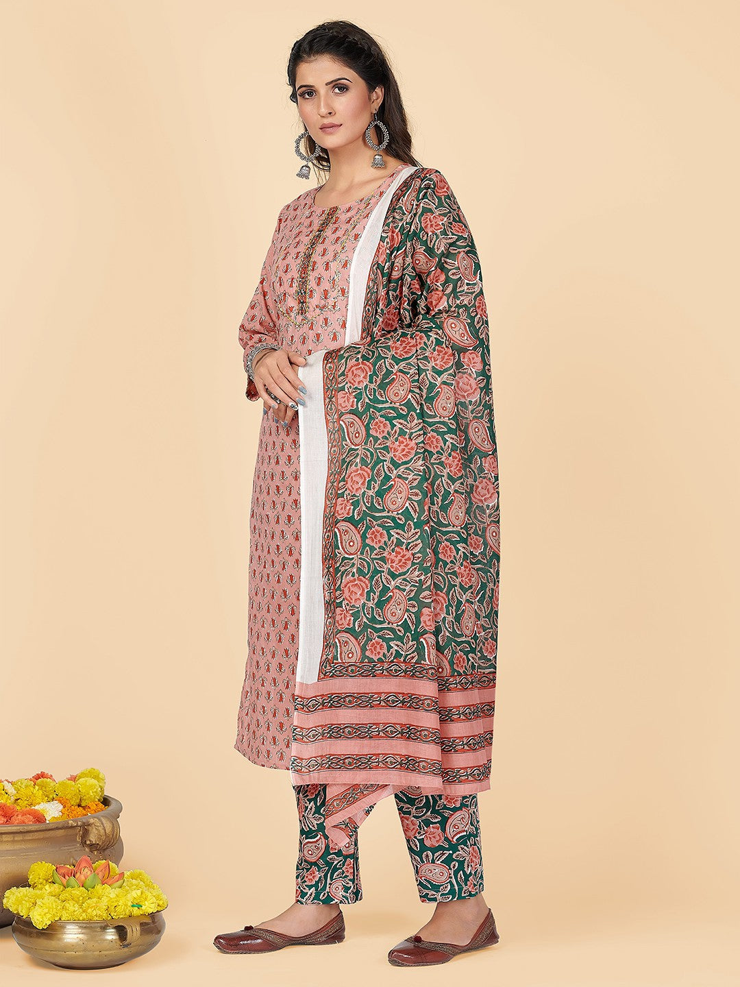 Peach Embroidered Straight Cotton Kurta Set