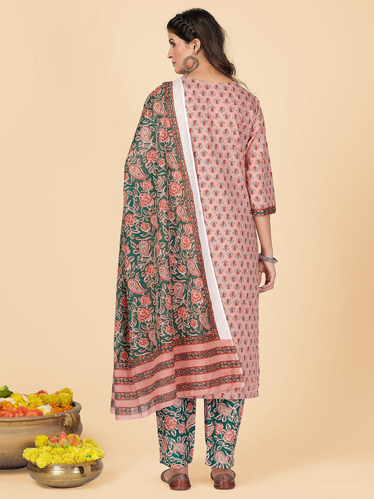 Peach Embroidered Straight Cotton Kurta Set