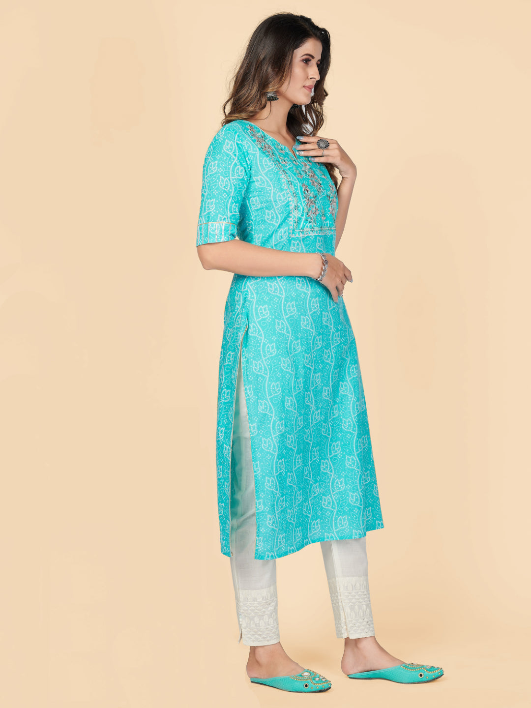 Sky Blue Embroidered Straight Cotton Kurta