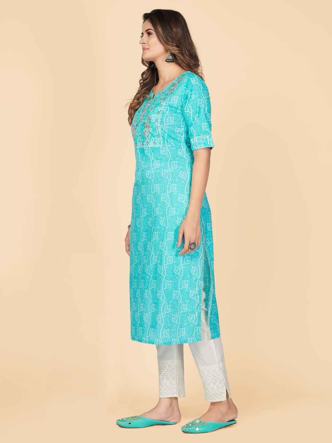 Sky Blue Embroidered Straight Cotton Kurta
