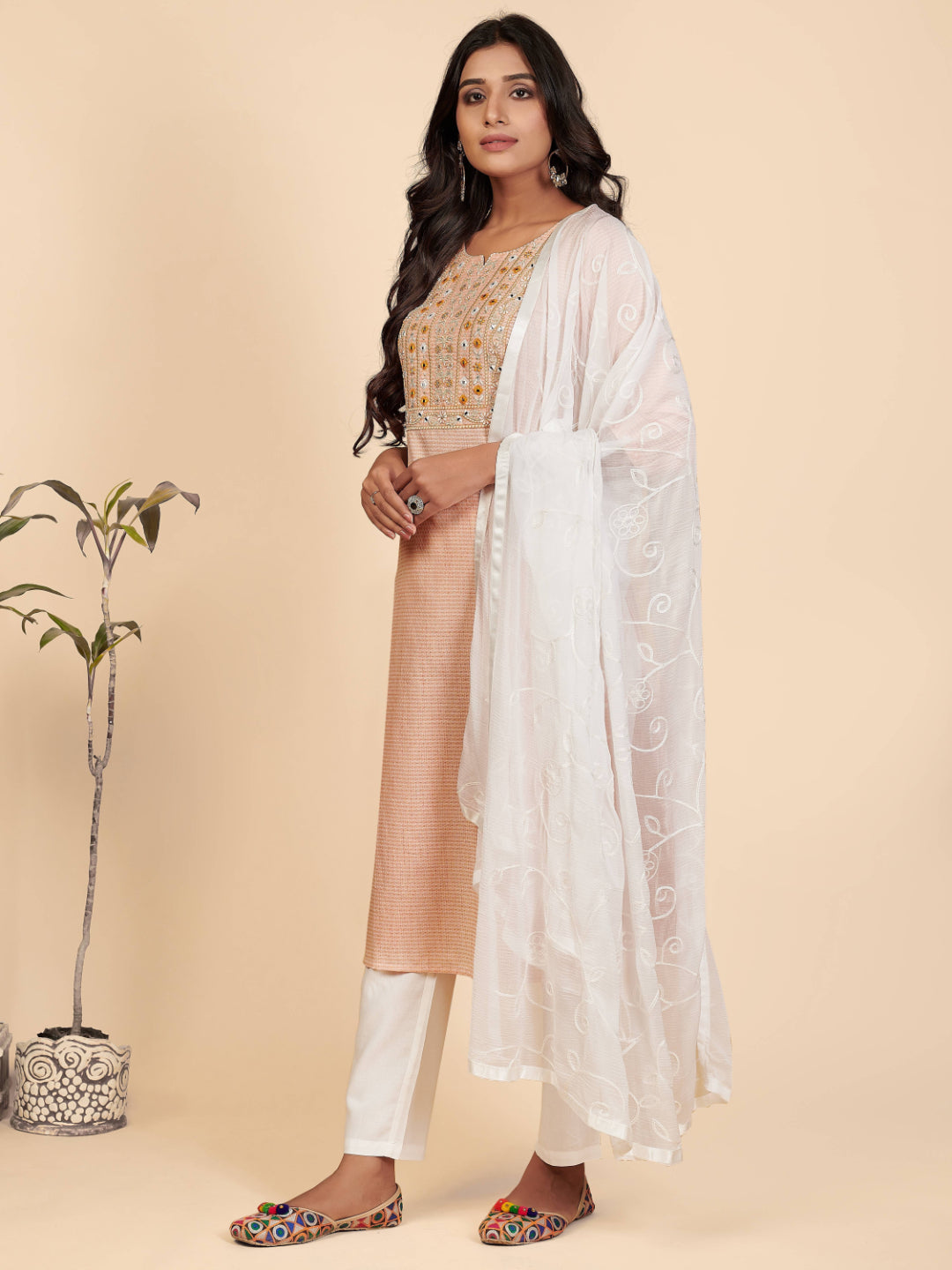 Orange Embroidered Straight Cotton Kurta Set