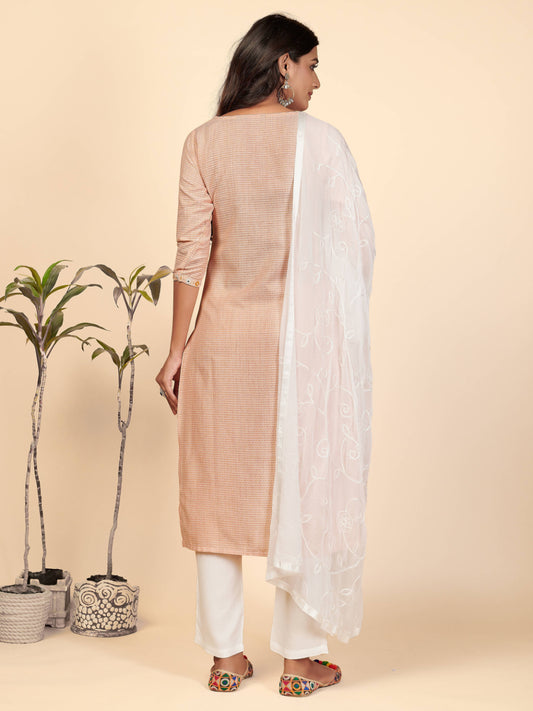 Orange Embroidered Straight Cotton Kurta Set