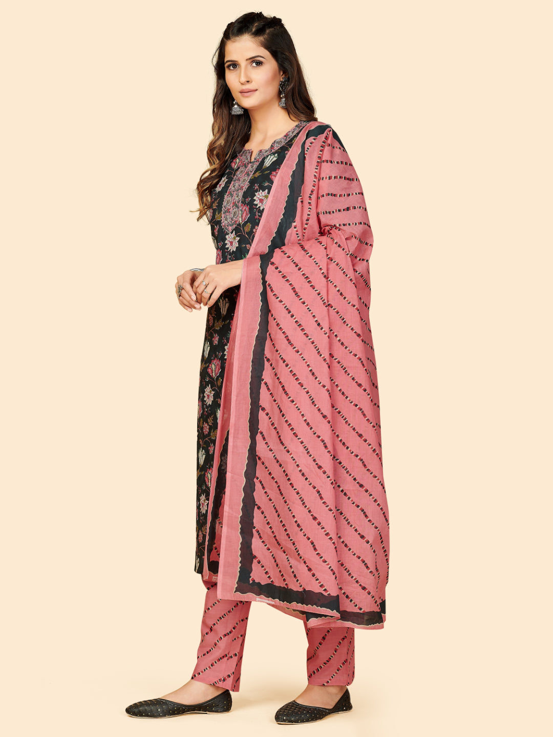 Black Embroidered Straight Cotton Kurta Set