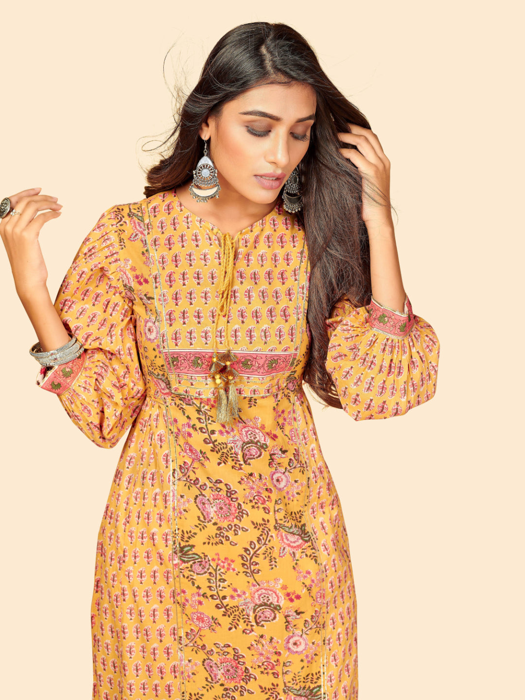 Yellow Embroidered Frill Cotton Kurta