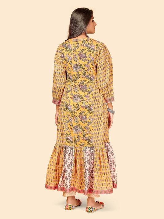 Yellow Embroidered Frill Cotton Kurta