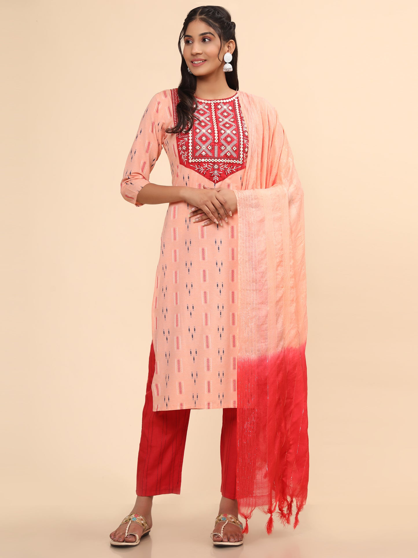 Peach Embroidered Straight Cotton Kurta Set