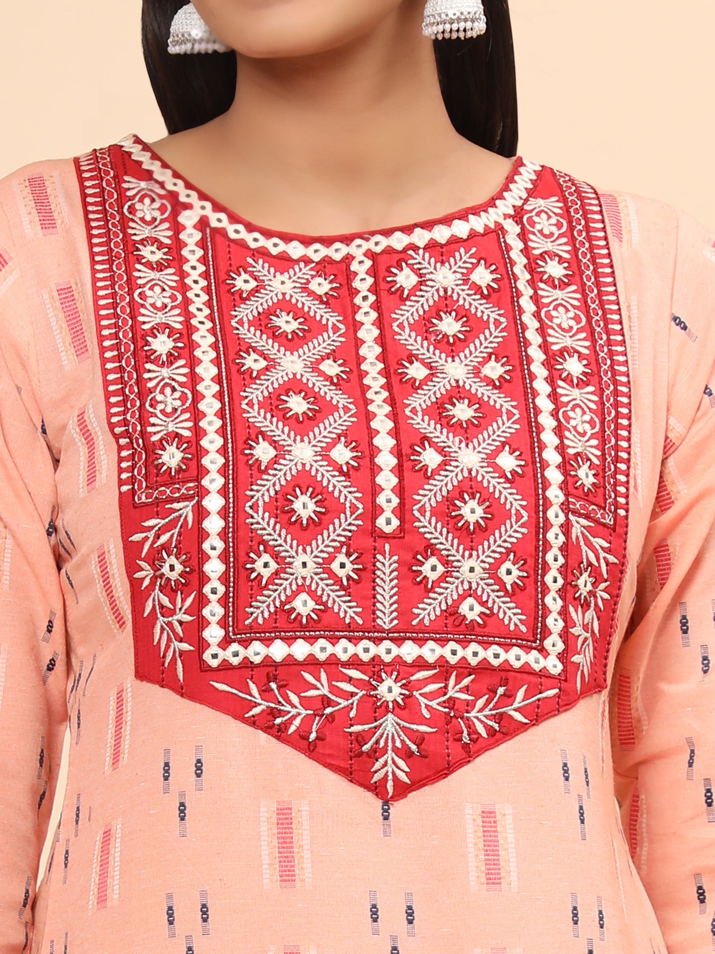 Peach Embroidered Straight Cotton Kurta Set