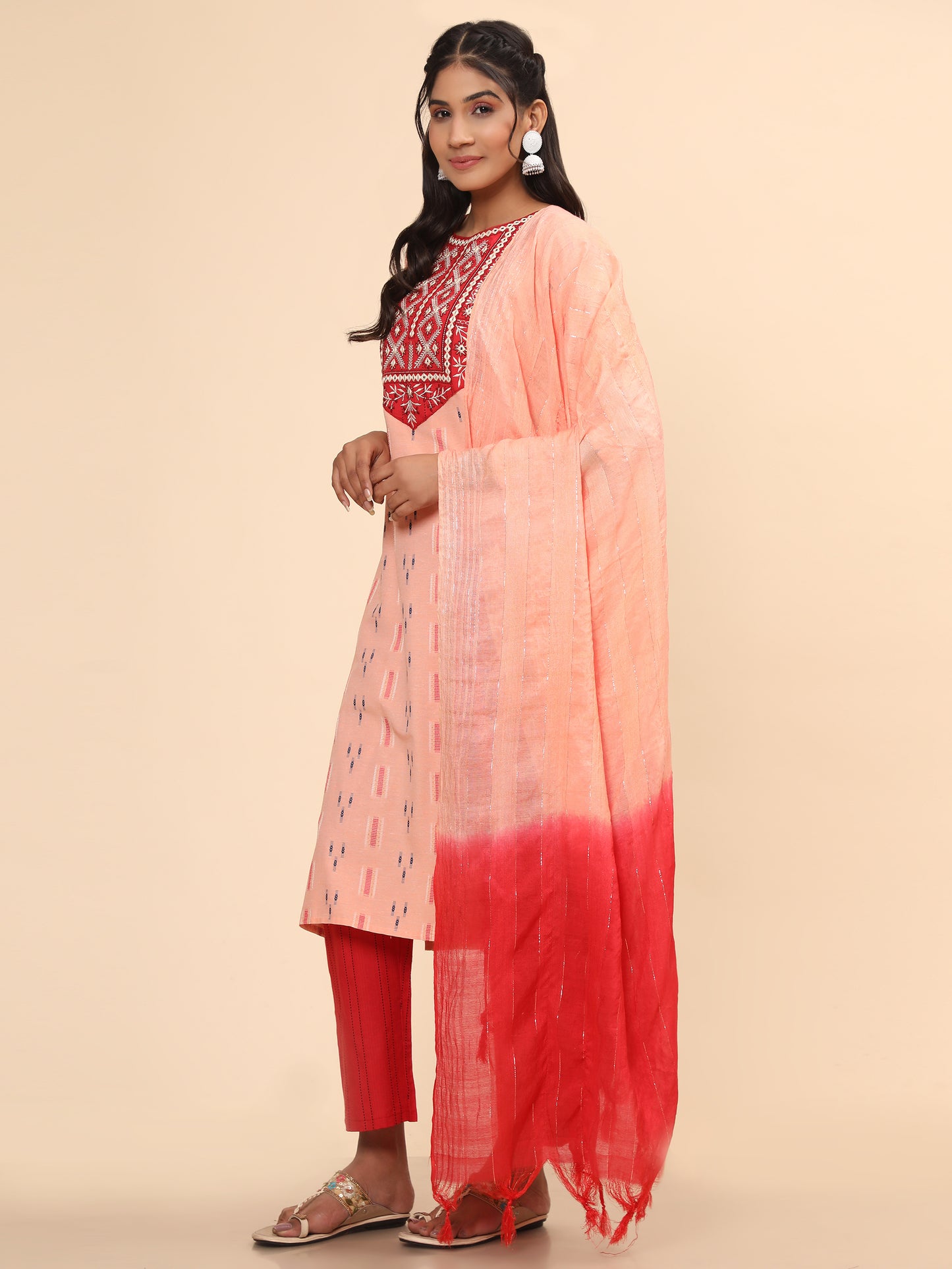 Peach Embroidered Straight Cotton Kurta Set
