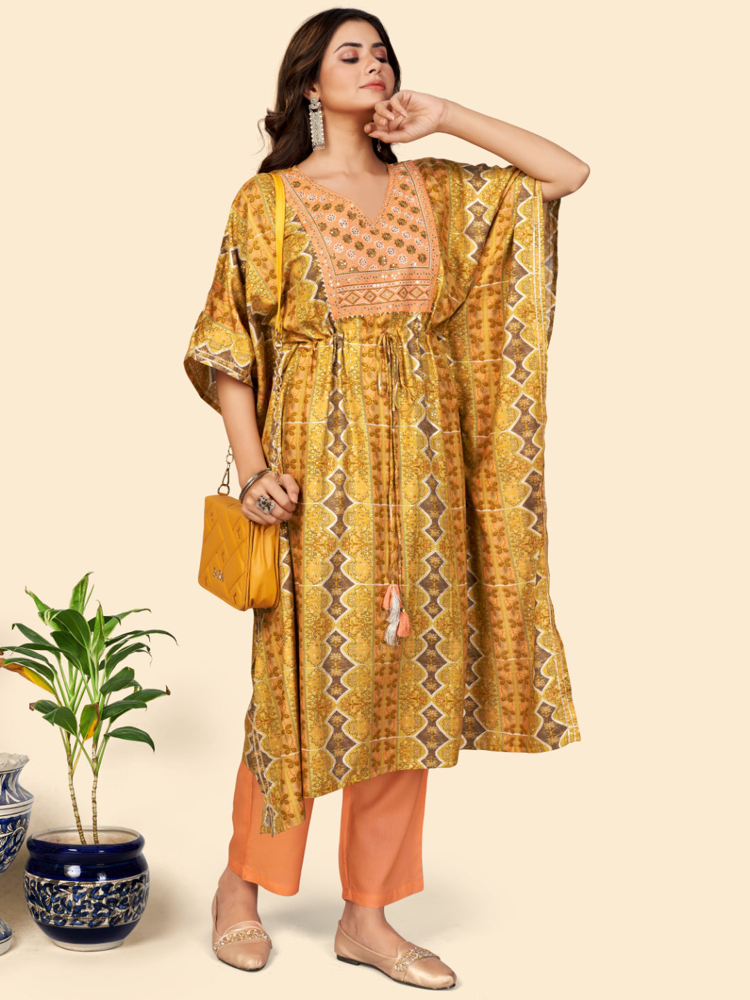 Mahendi Green Embroidered Rayon Kaftan Kurta Set