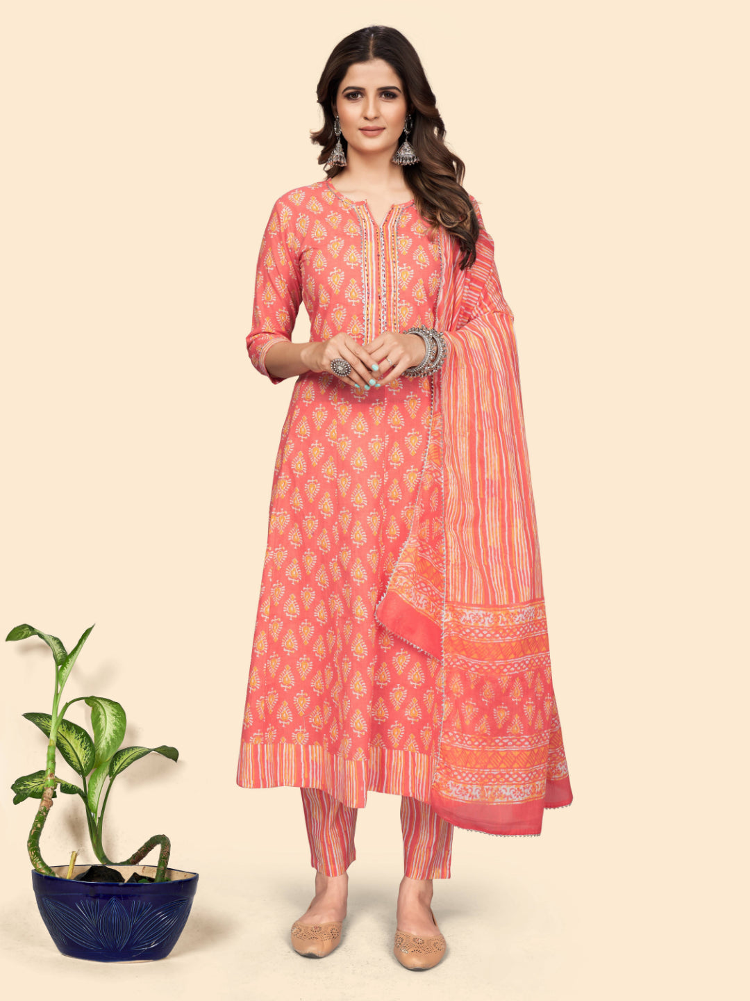Coral Anarkali Cotton Kurta Set