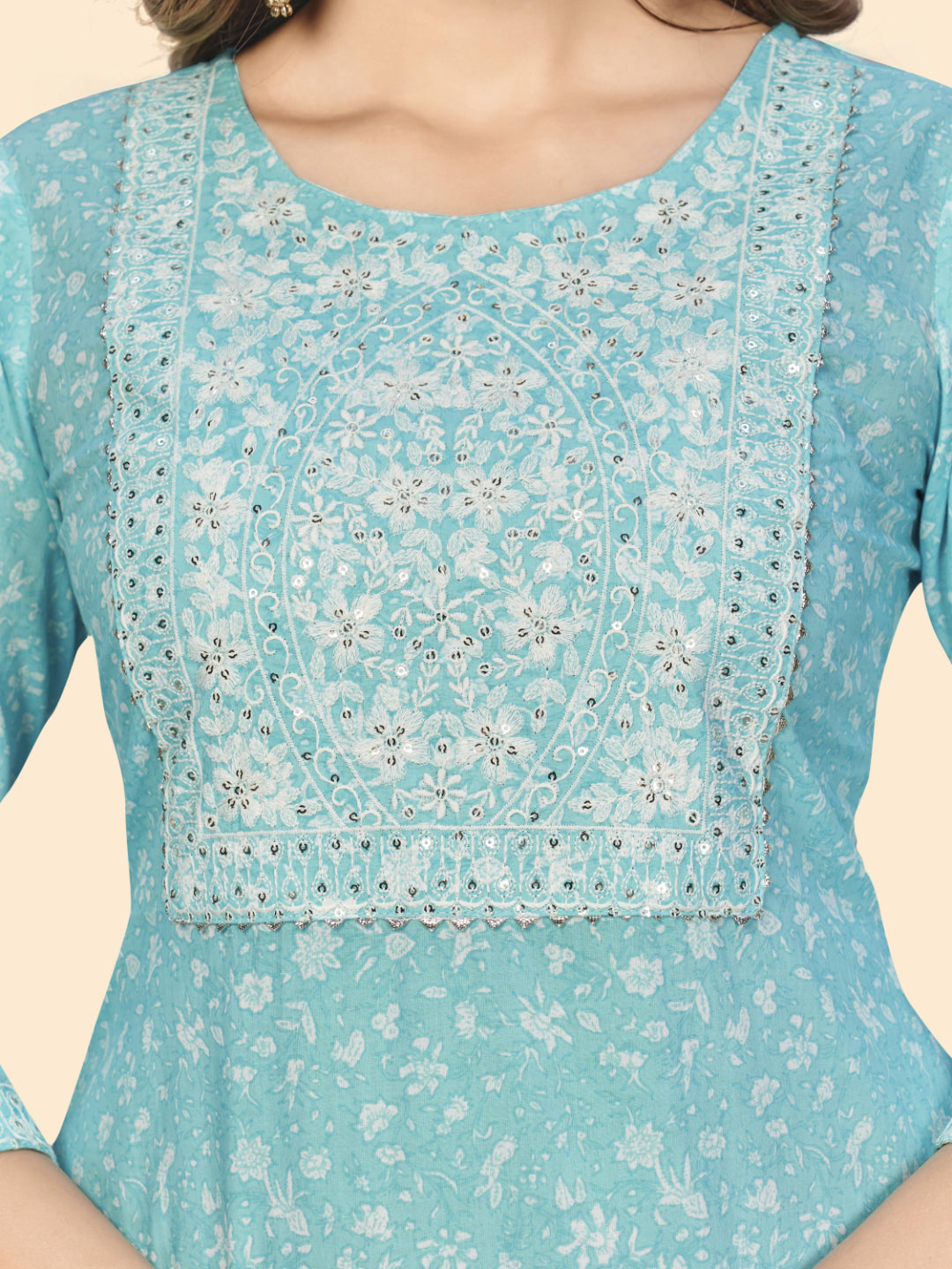 Sky Blue Embroidered Straight Cotton Kurta