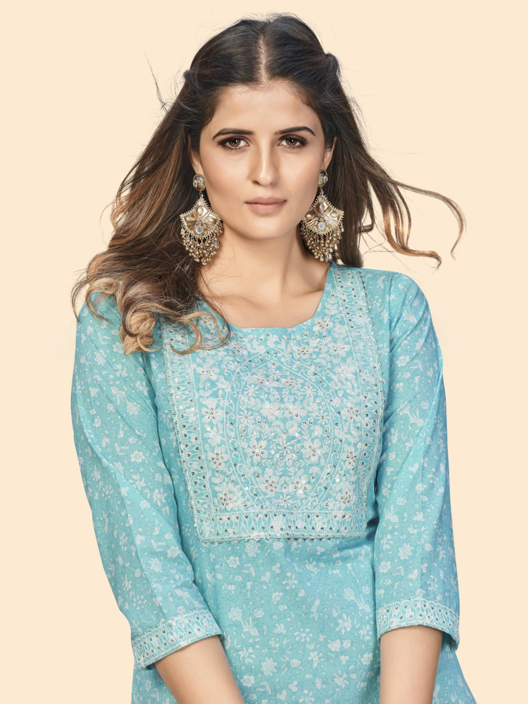 Sky Blue Embroidered Straight Cotton Kurta