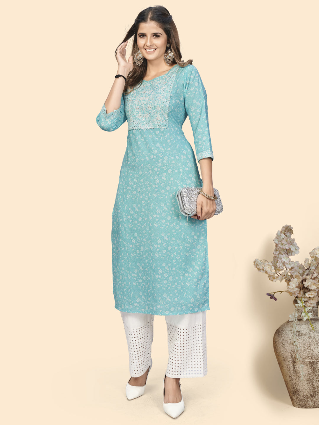 Sky Blue Embroidered Straight Cotton Kurta
