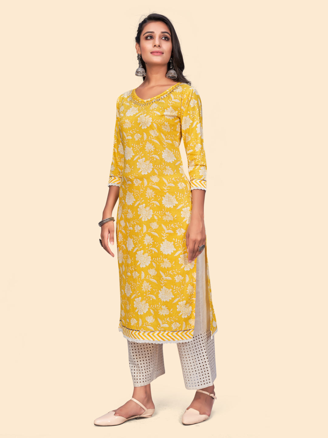 Yellow Printed Straight Cotton Kurta