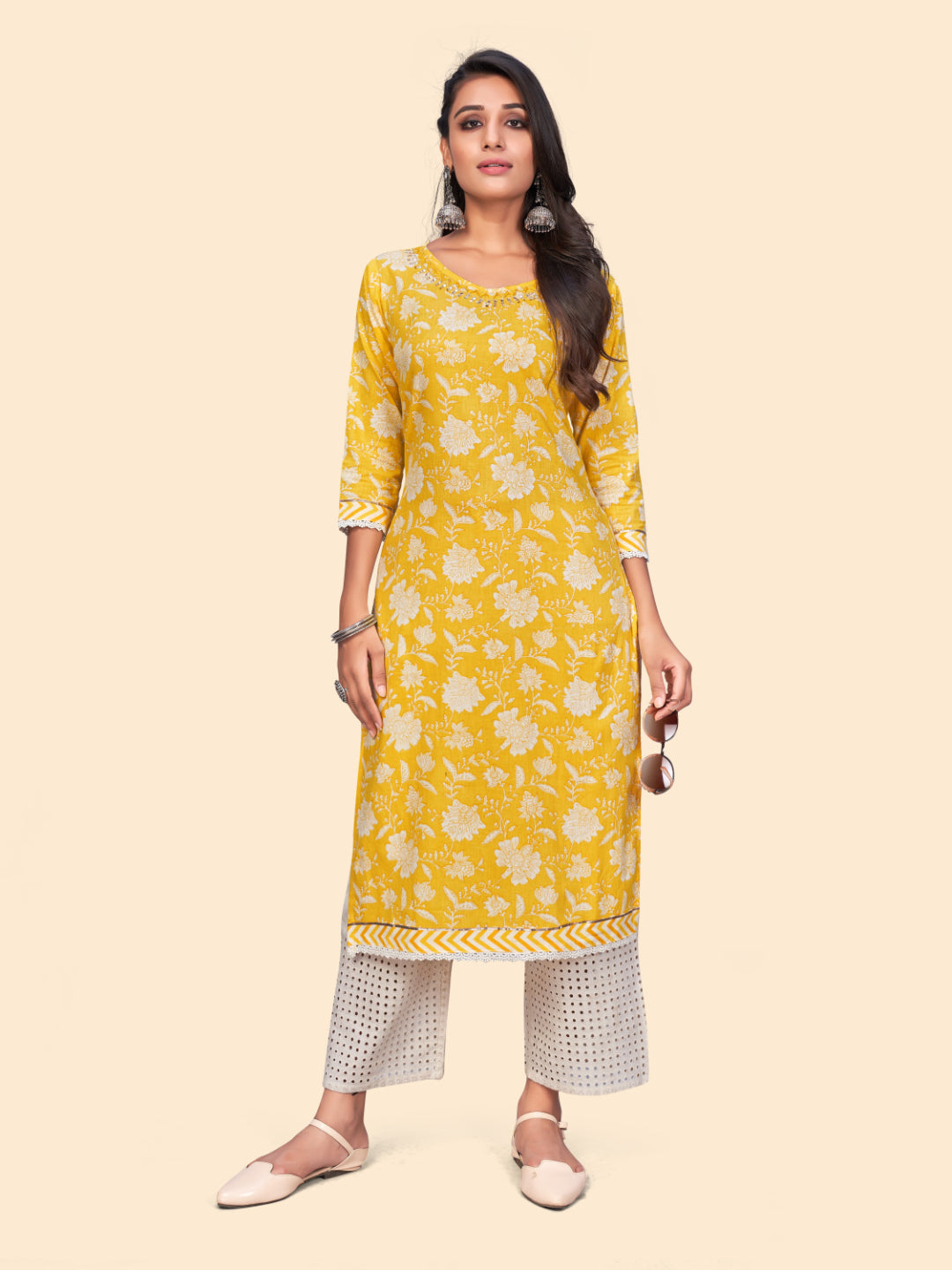 Yellow Printed Straight Cotton Kurta