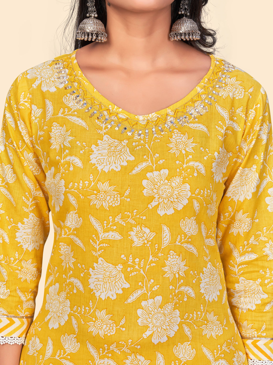 Yellow Printed Straight Cotton Kurta