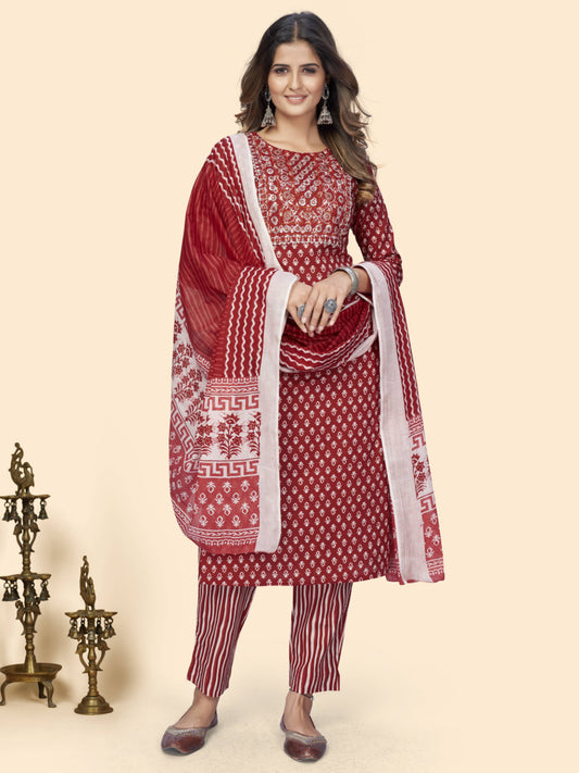 Red Embroidered Straight Cotton Kurta Set