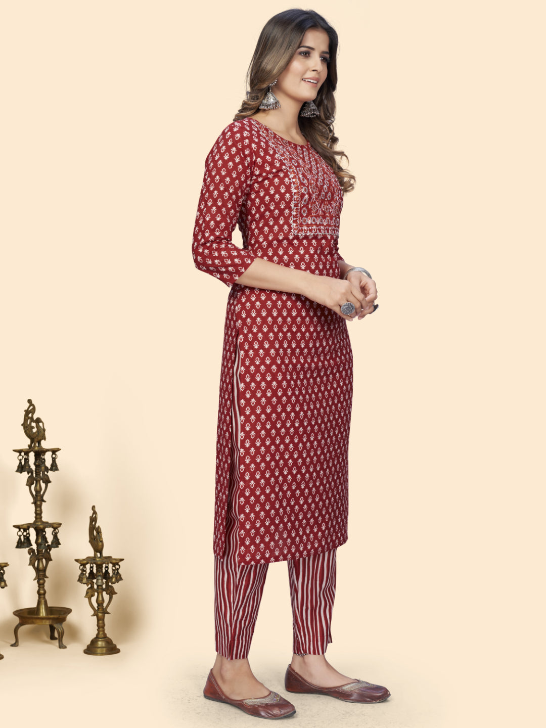 Red Embroidered Straight Cotton Kurta Set