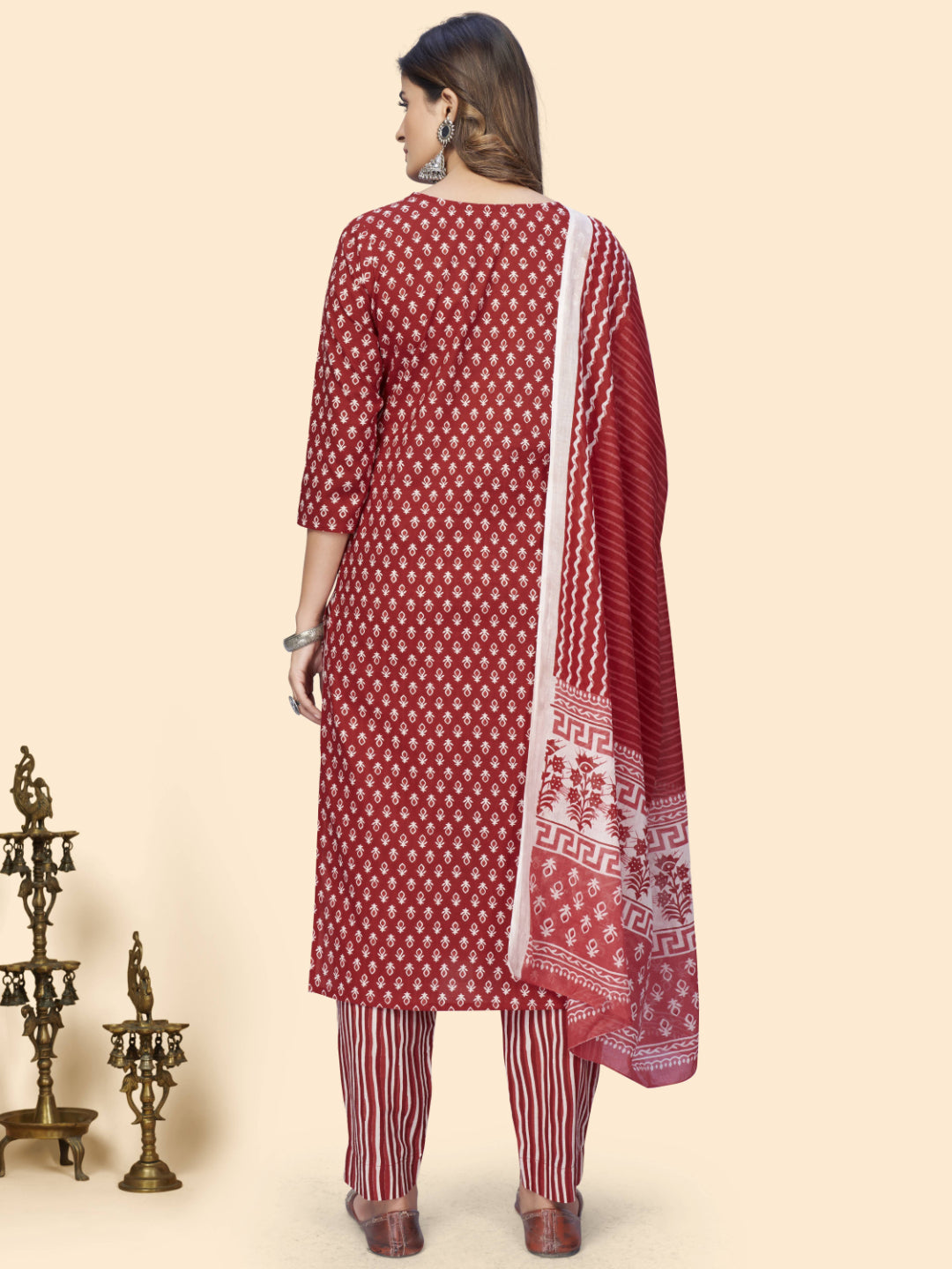 Red Embroidered Straight Cotton Kurta Set