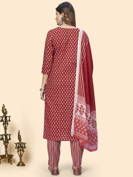 Red Embroidered Straight Cotton Kurta Set