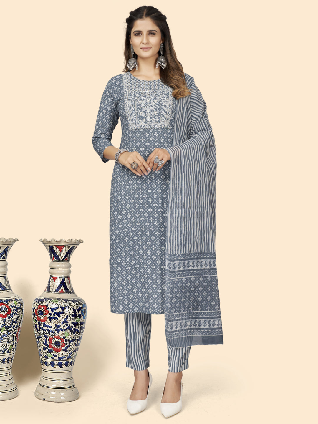 Grey Embroidered Straight Rayon Kurta Set