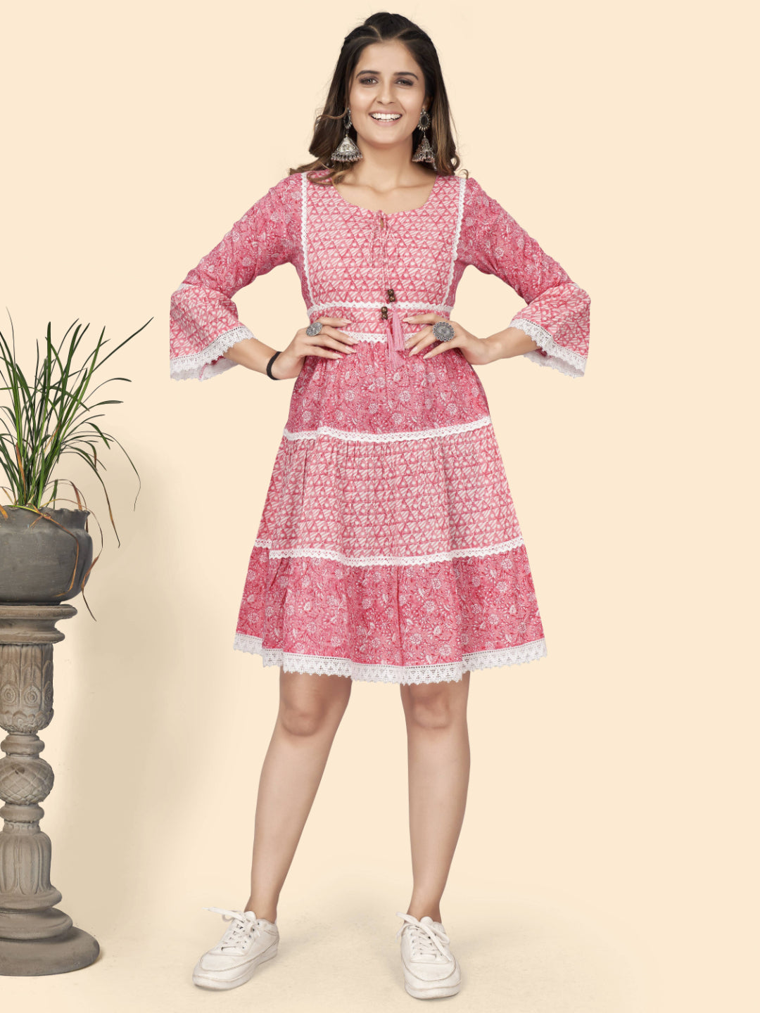 Pink Printed Flared Cotton Dress