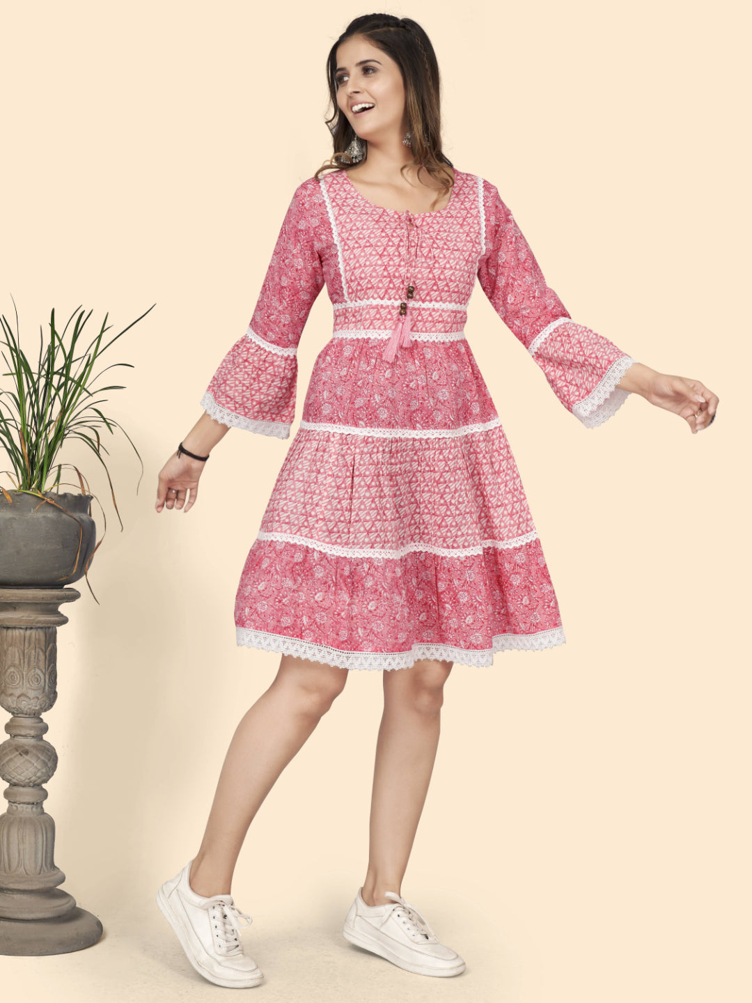 Pink Printed Flared Cotton Dress