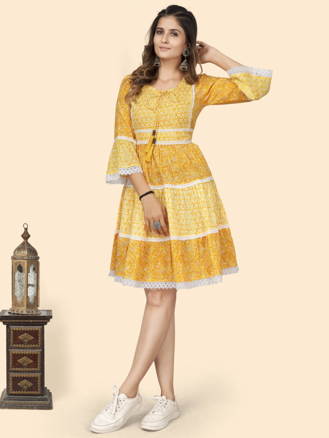 Yellow Print & Lace Work Flared Cotton Dress