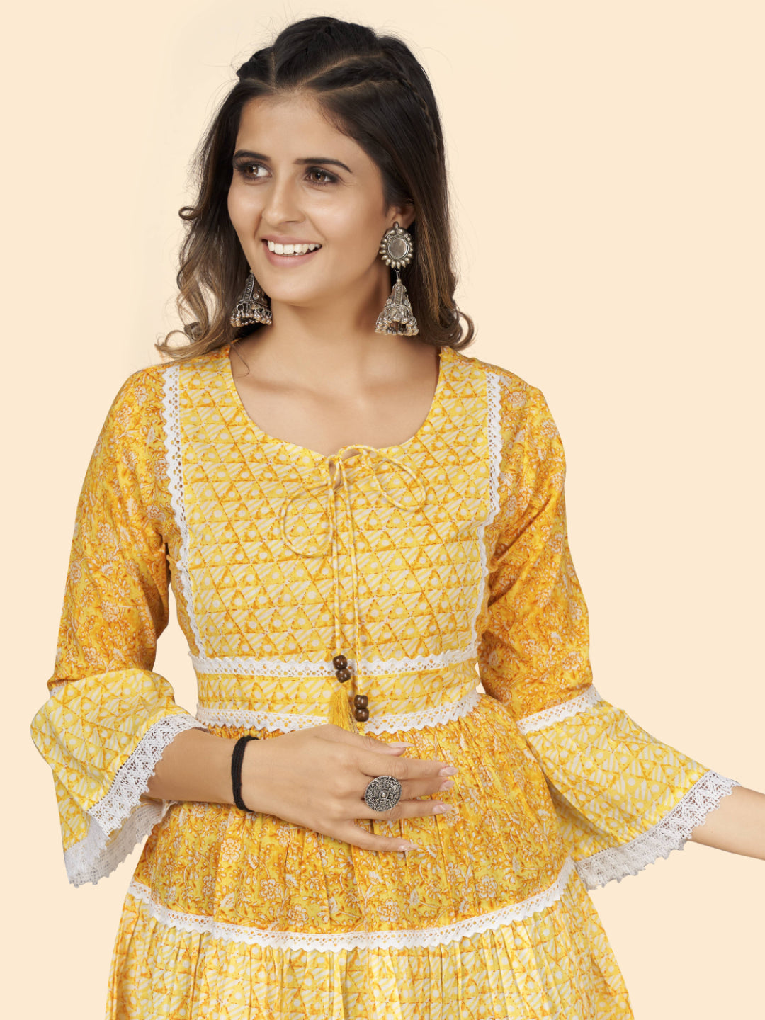 Yellow Print & Lace Work Flared Cotton Dress