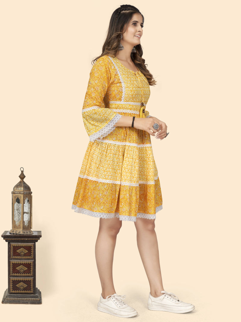 Yellow Print & Lace Work Flared Cotton Dress