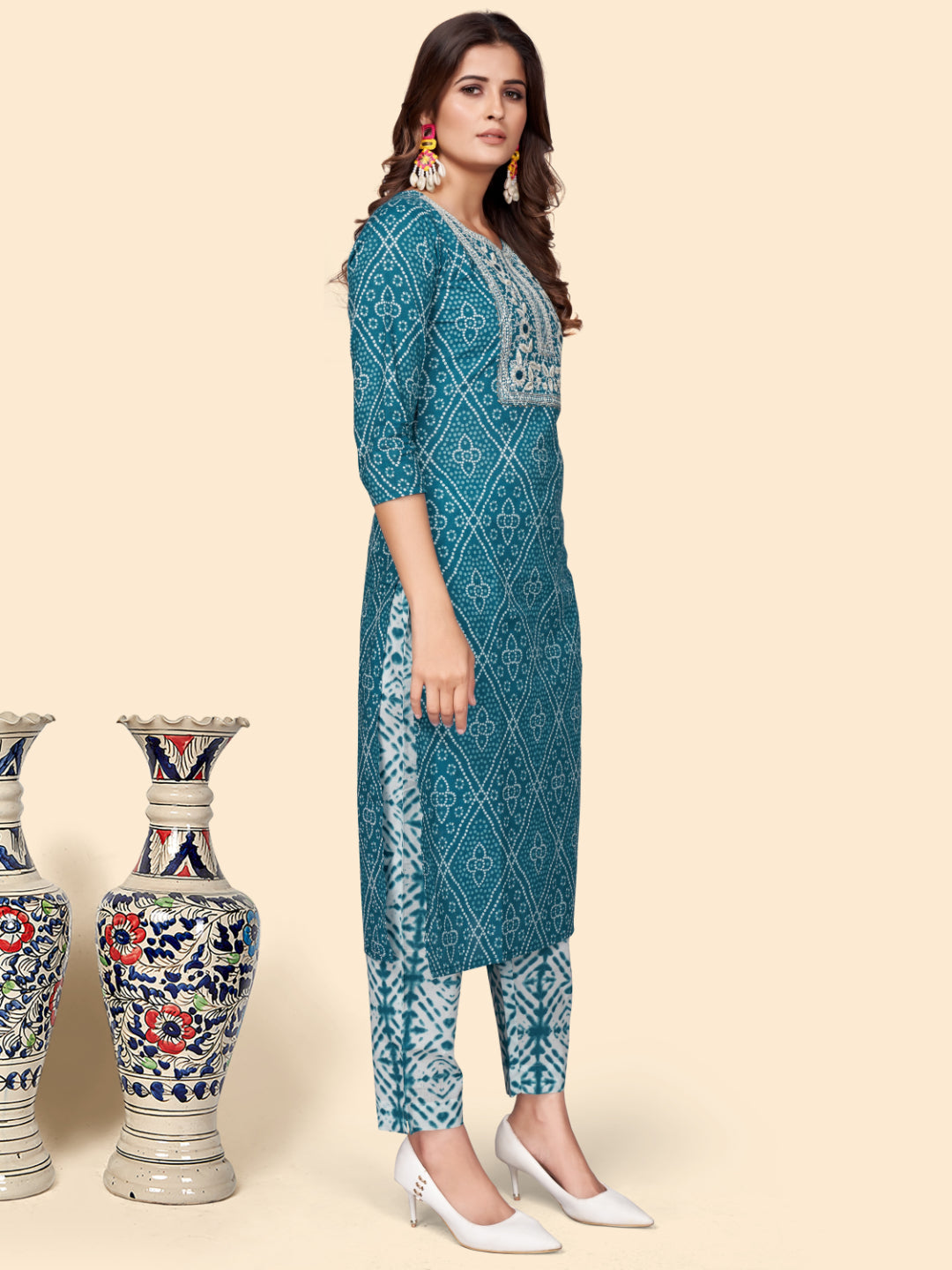 Teal Straight Cotton Kurta Set