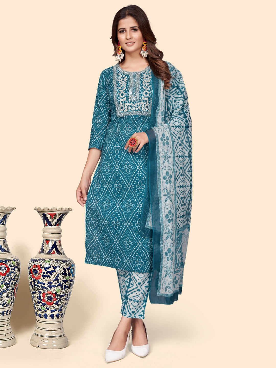Teal Straight Cotton Kurta Set