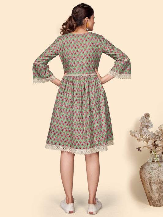 Olive Floral Print Flared Cotton Dress