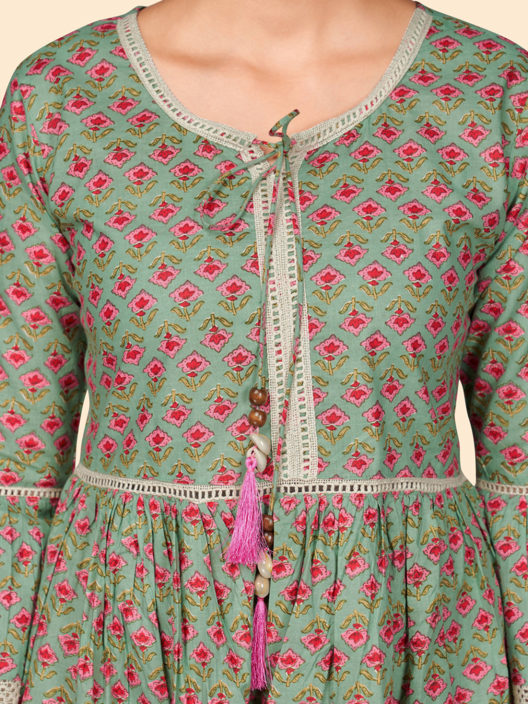 Olive Floral Print Flared Cotton Dress