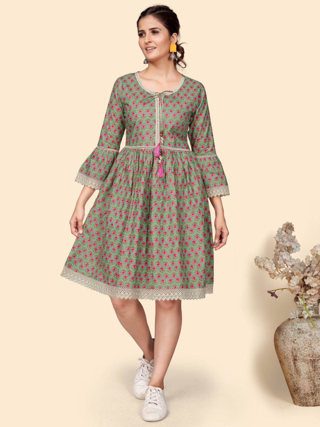 Olive Floral Print Flared Cotton Dress
