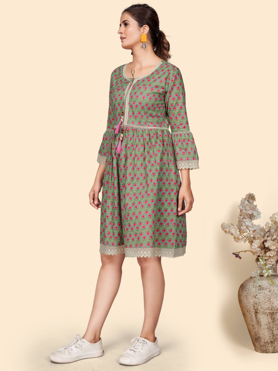 Olive Floral Print Flared Cotton Dress