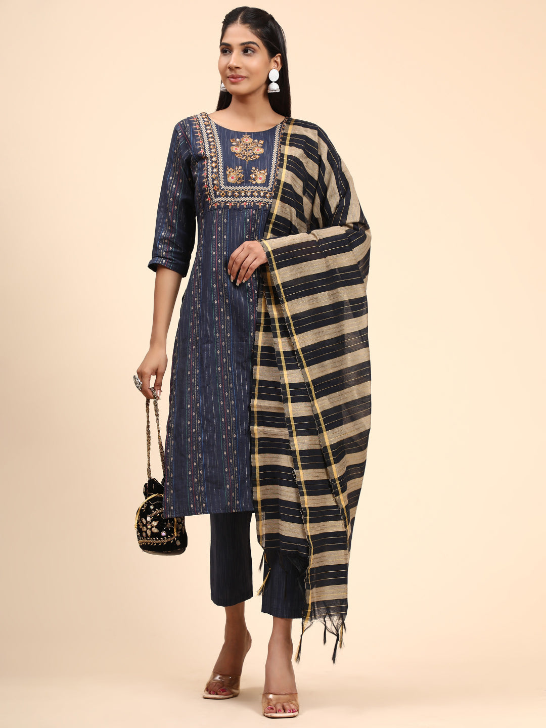Blue Embroidered Straight Cotton Kurta Set