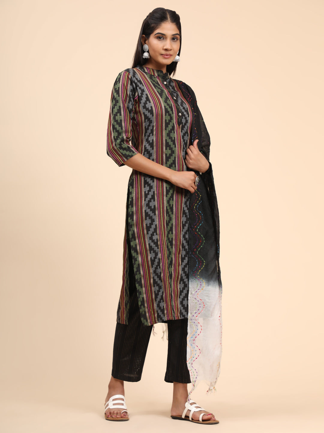 Black Printed Straight Cotton Blend Kurta Set