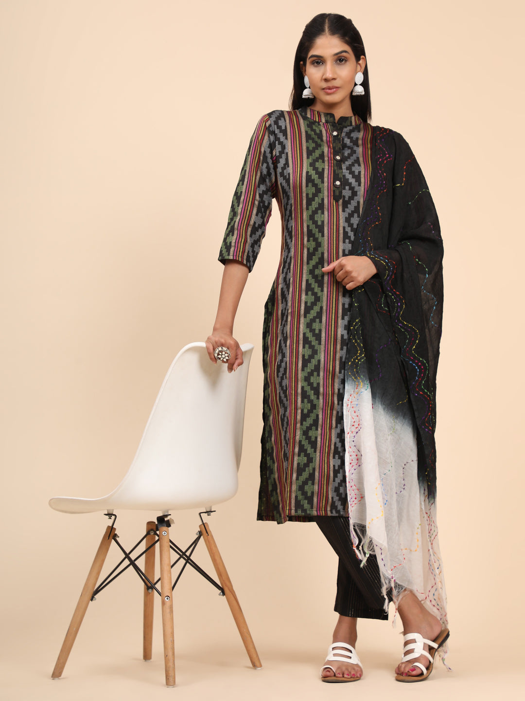Black Printed Straight Cotton Blend Kurta Set