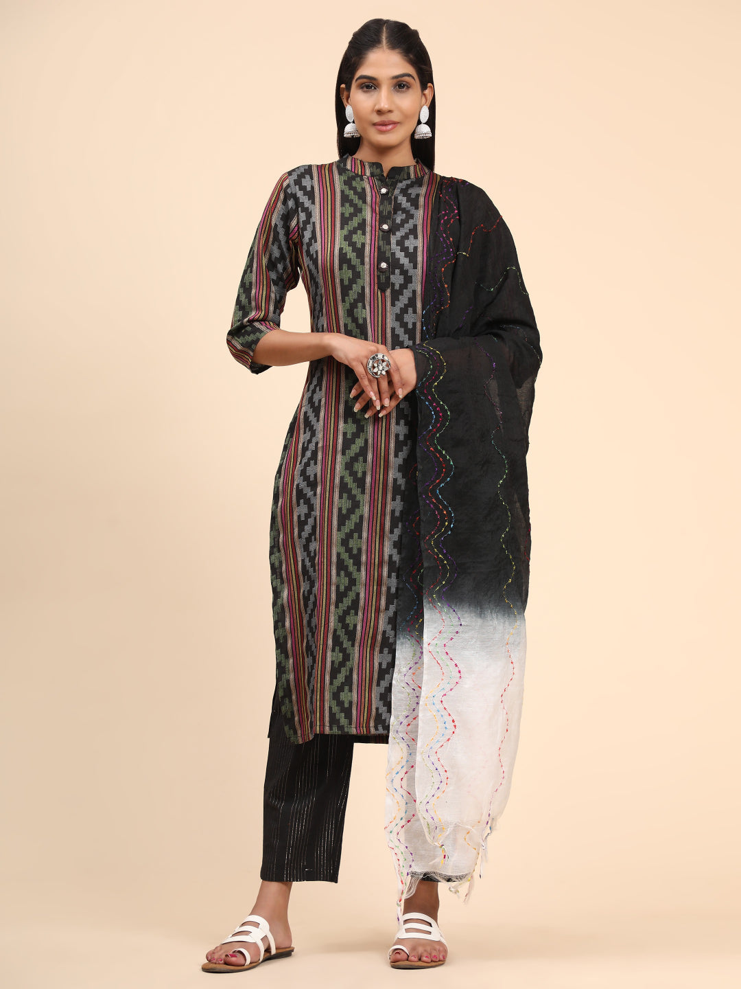 Black Printed Straight Cotton Blend Kurta Set