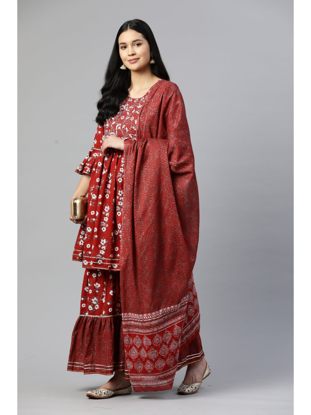 Red Flared Cotton Kurta Set
