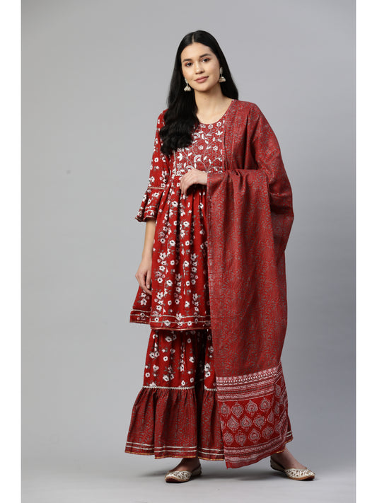 Red Flared Cotton Kurta Set