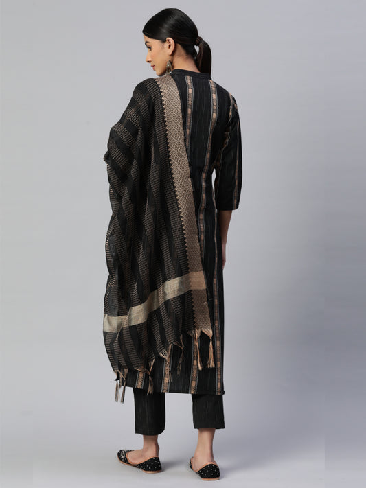 Black Straight Cotton Blend Kurta Set