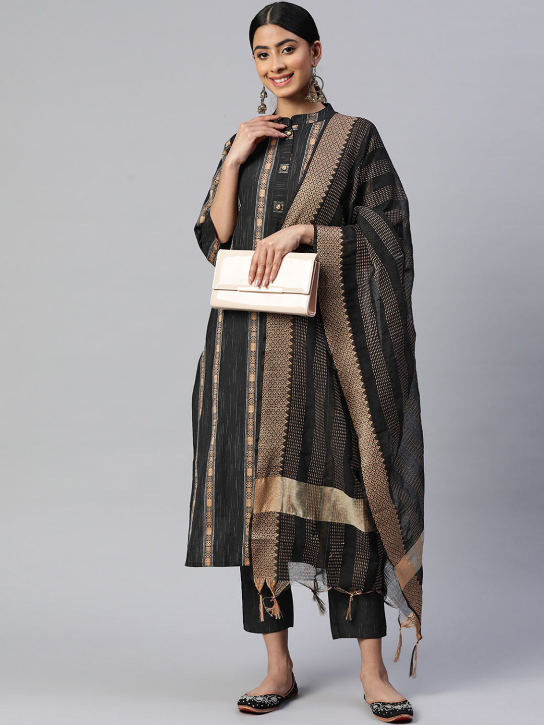 Black Straight Cotton Blend Kurta Set