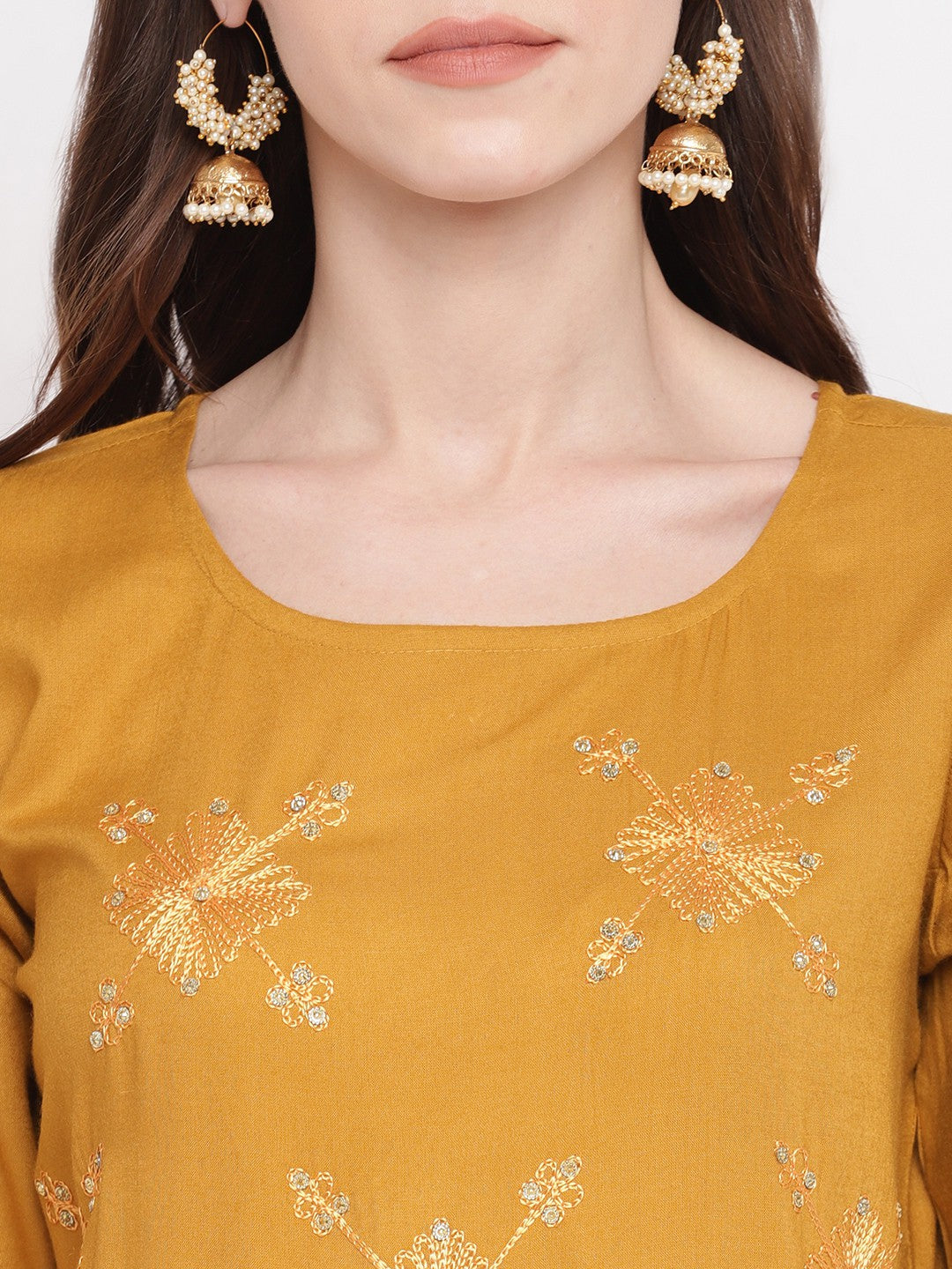 Mustard Embroidered Anarkali Rayon Kurti