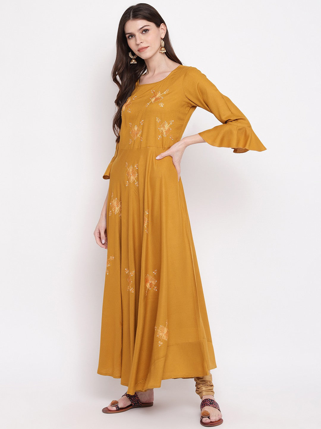 Mustard Embroidered Anarkali Rayon Kurti