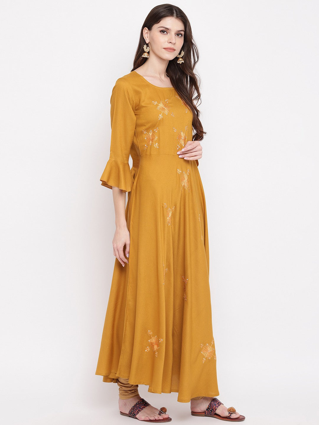 Mustard Embroidered Anarkali Rayon Kurti