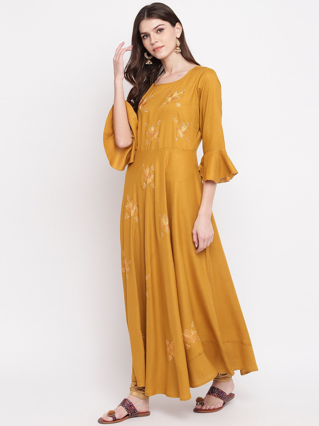 Mustard Embroidered Anarkali Rayon Kurti