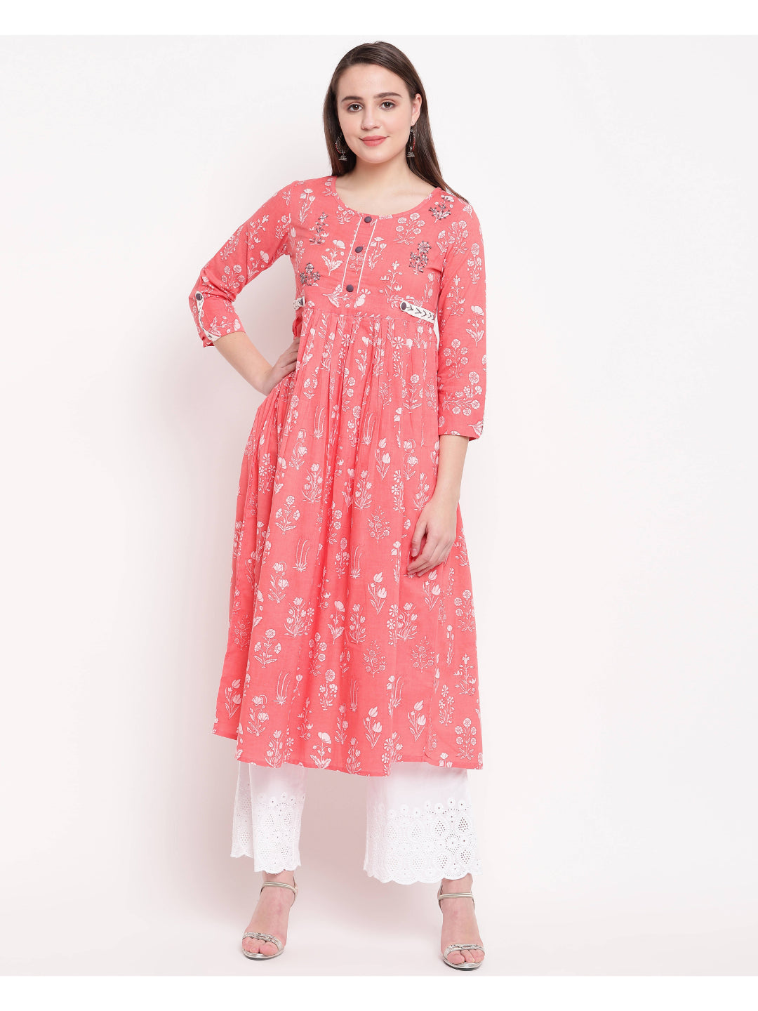 Light Pink Printed Anarkali Cotton Kurti